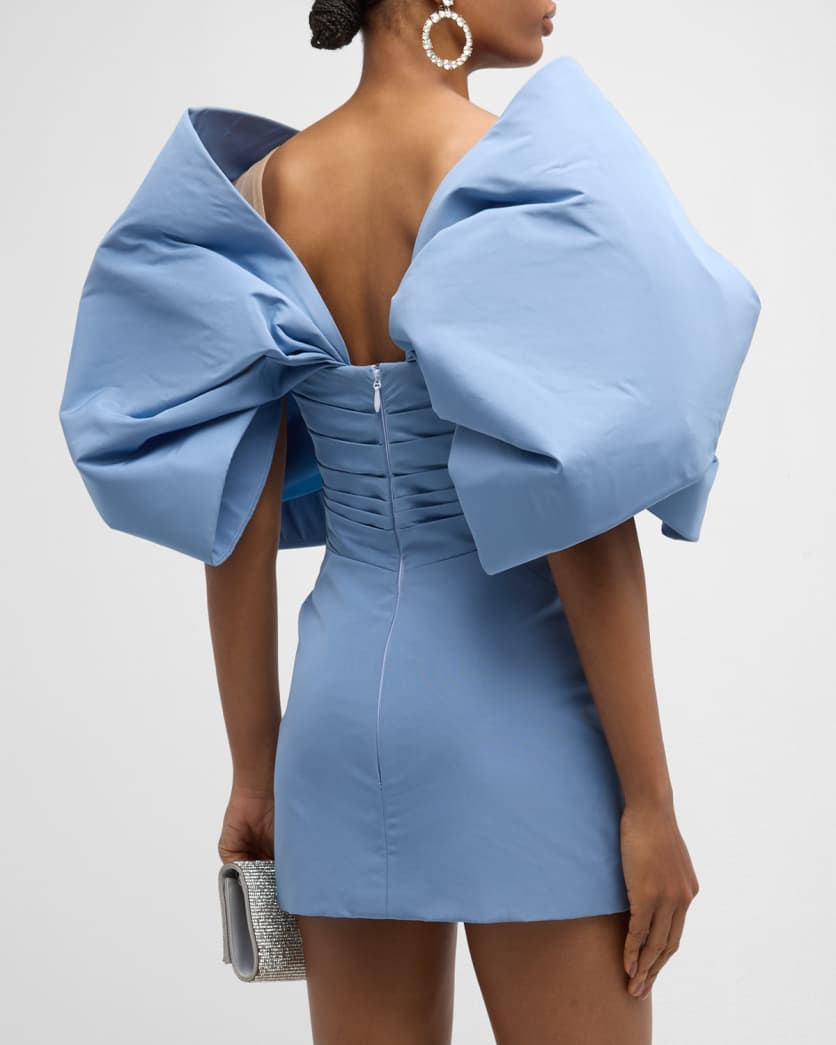 Draped Bow-Sleeve Mini Dress With Train 4