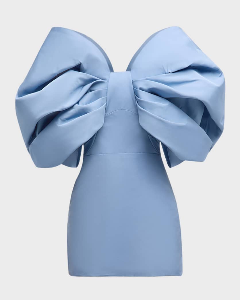 Draped Bow-Sleeve Mini Dress With Train 0