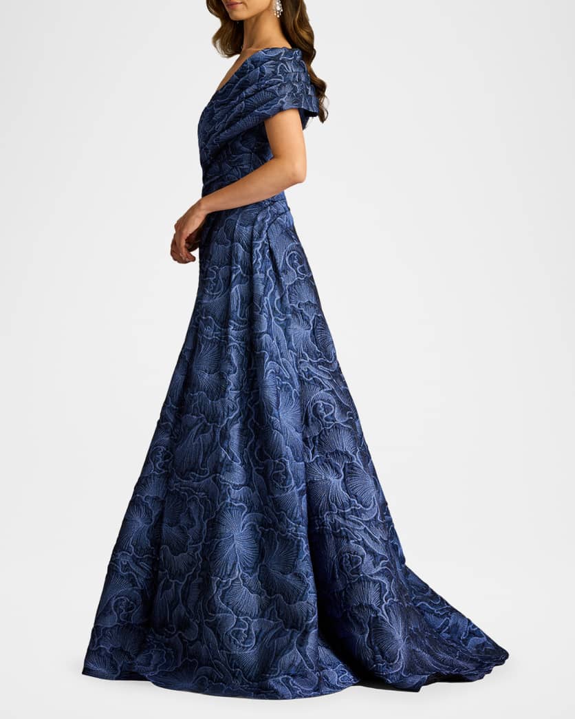 Pleated Off-Shoulder Floral Jacquard Gown