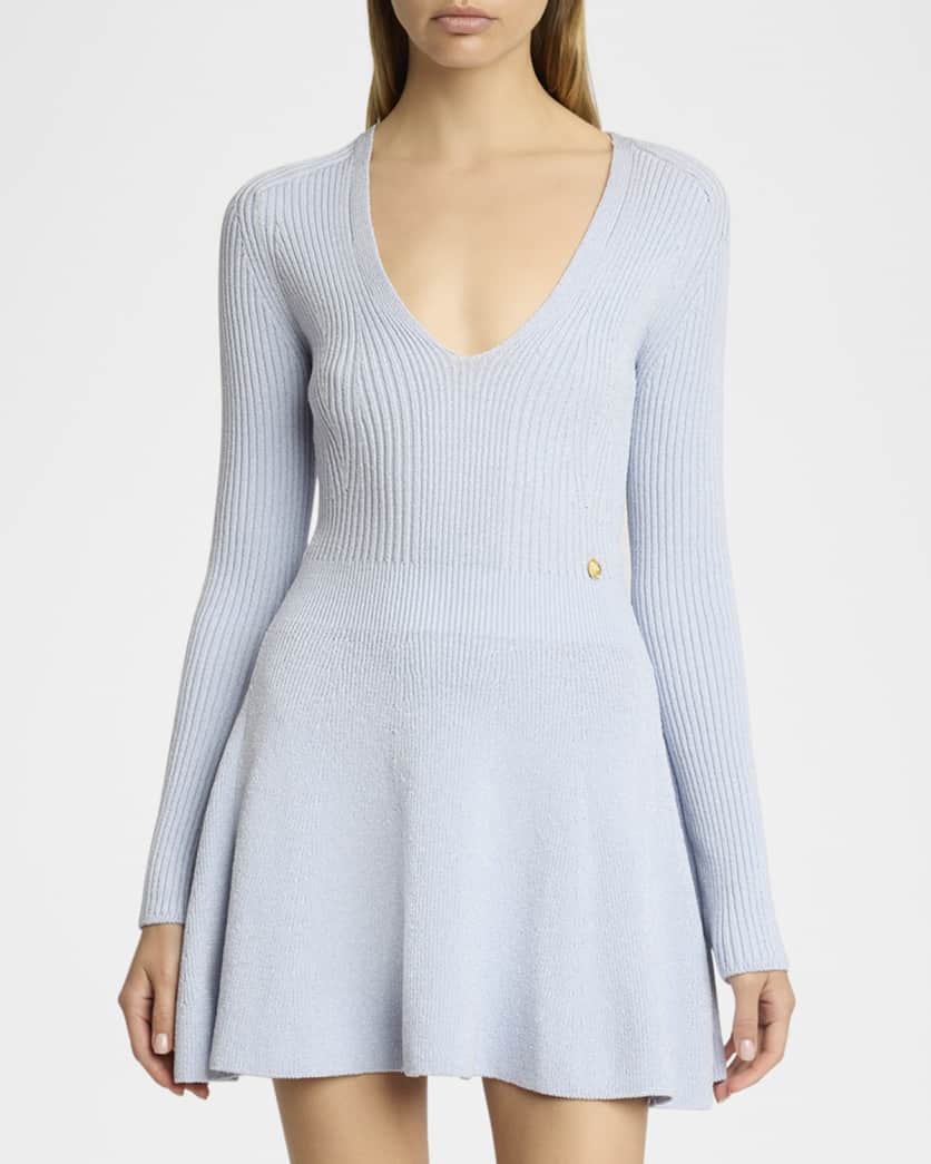 Plunging Long-Sleeve Rib Knit Mini Dress