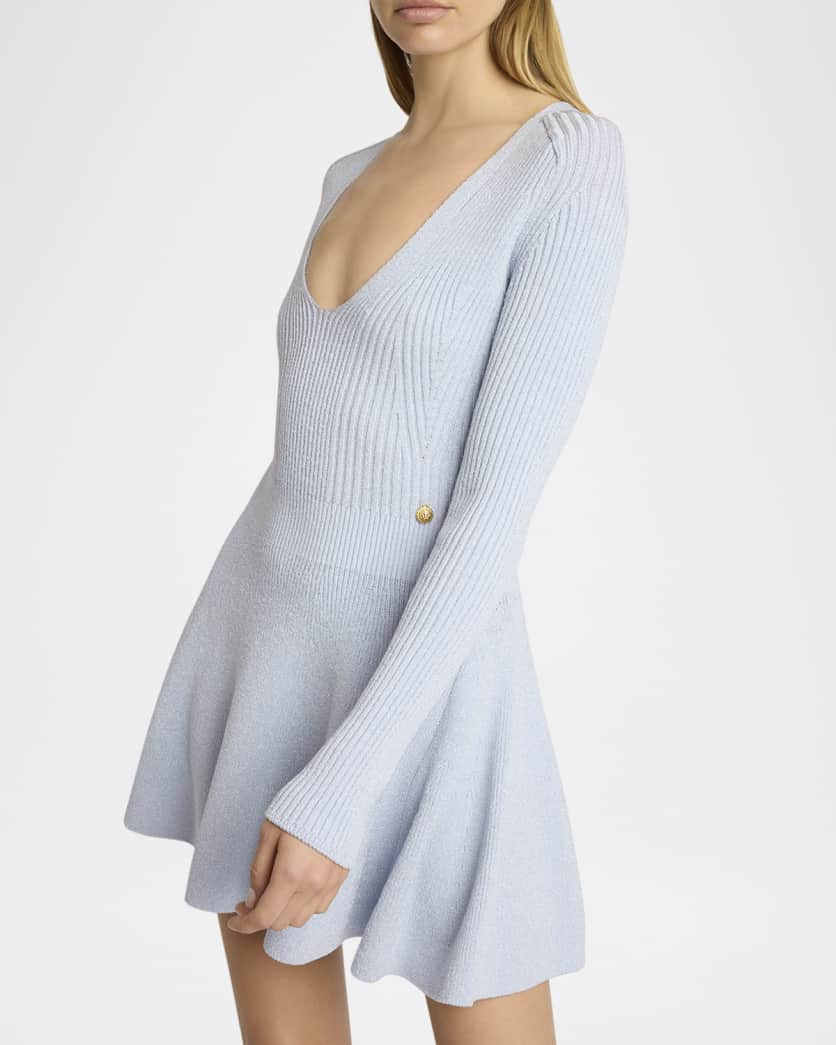 Plunging Long-Sleeve Rib Knit Mini Dress