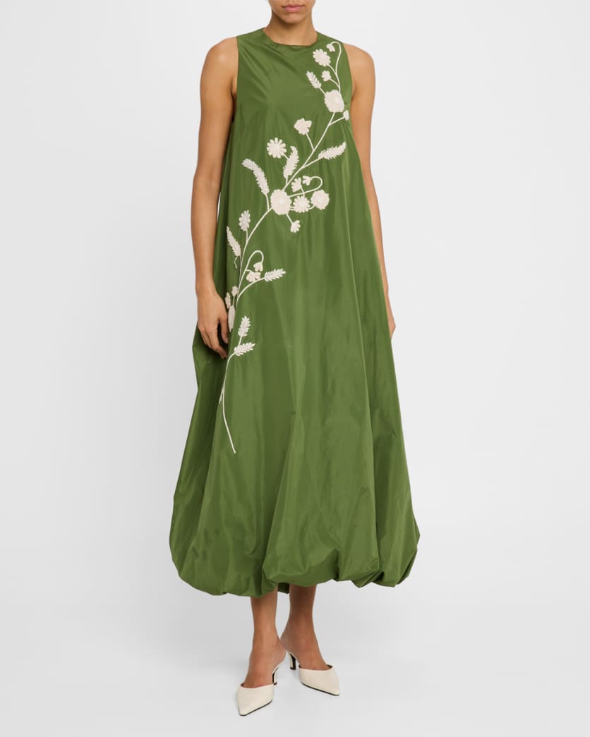 Floral-Embroidered Sleeveless Bubble Midi Dress