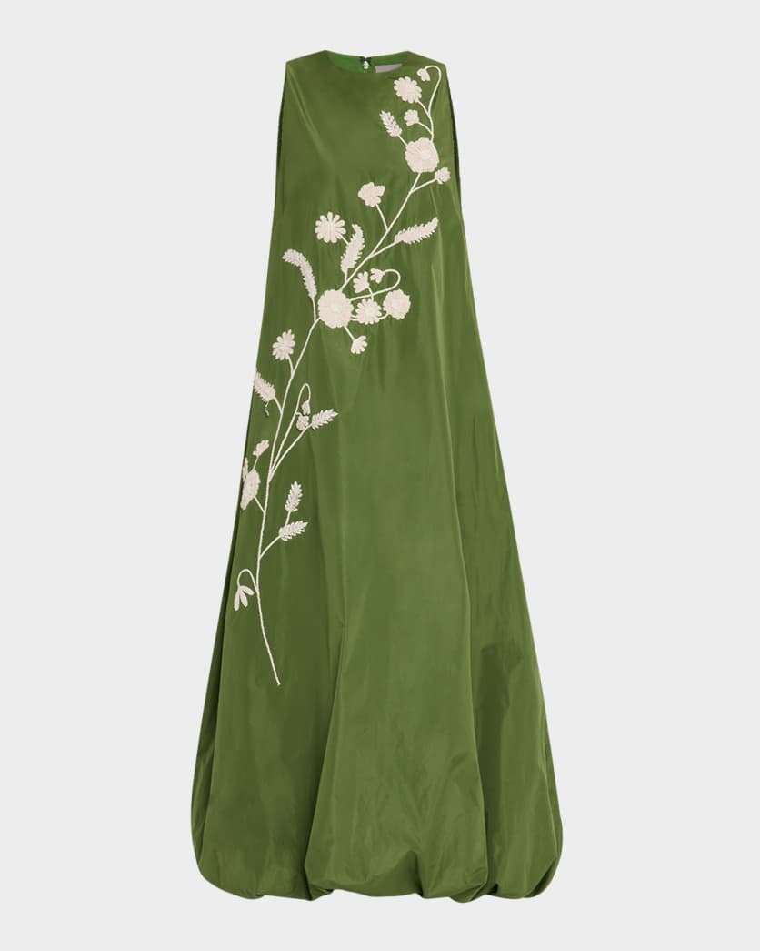 Floral-Embroidered Sleeveless Bubble Midi Dress