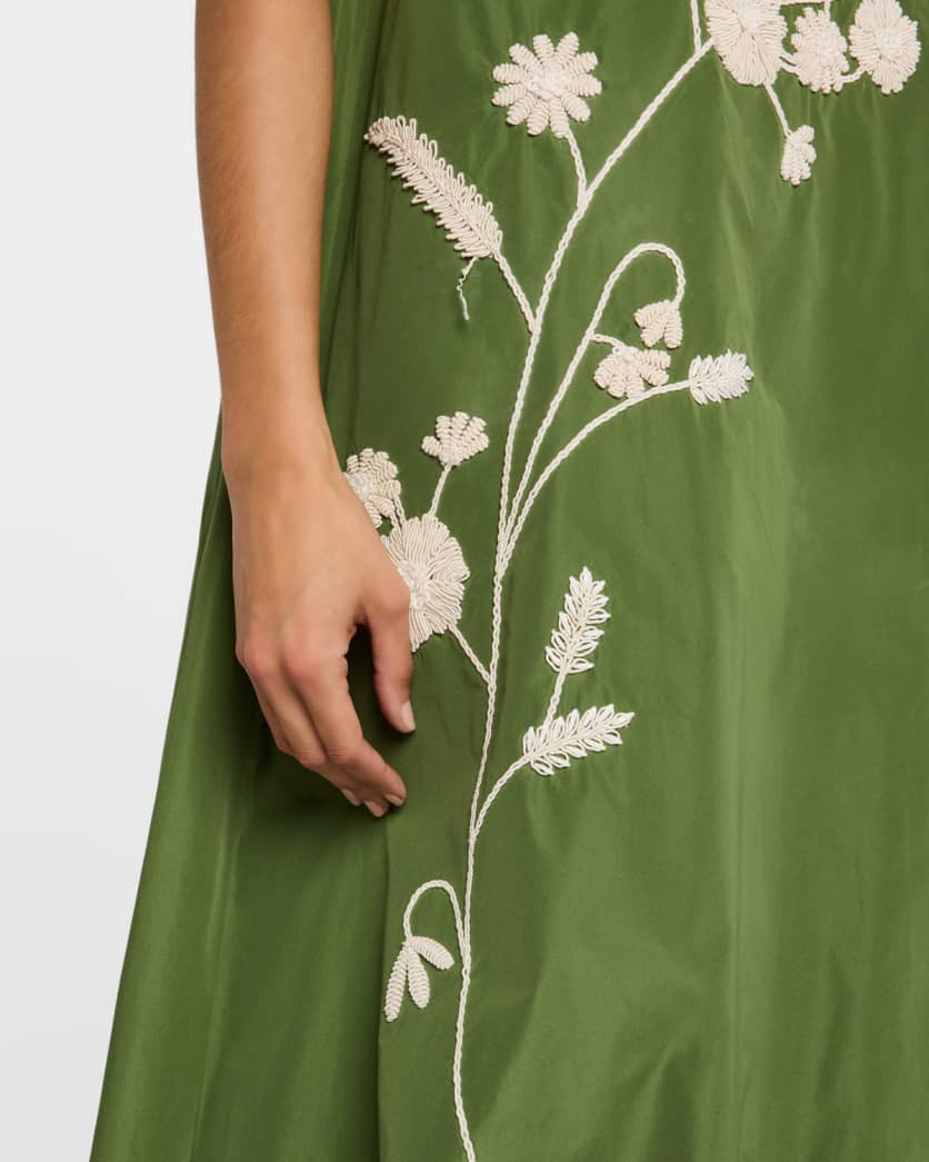 Floral-Embroidered Sleeveless Bubble Midi Dress