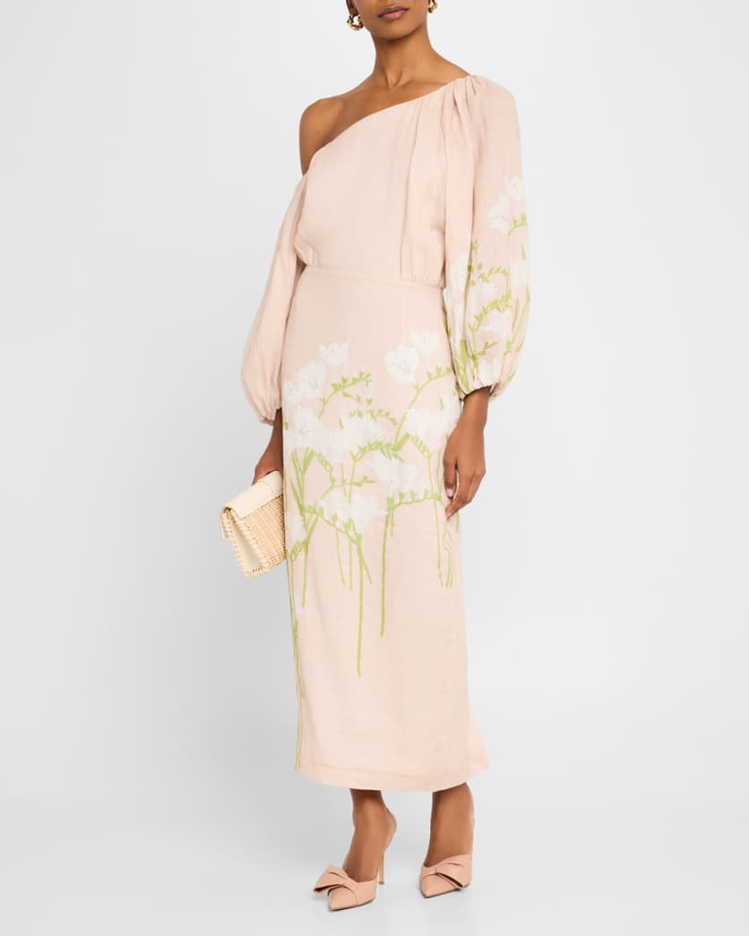 Printed Off-The-Shoulder Linen Dress