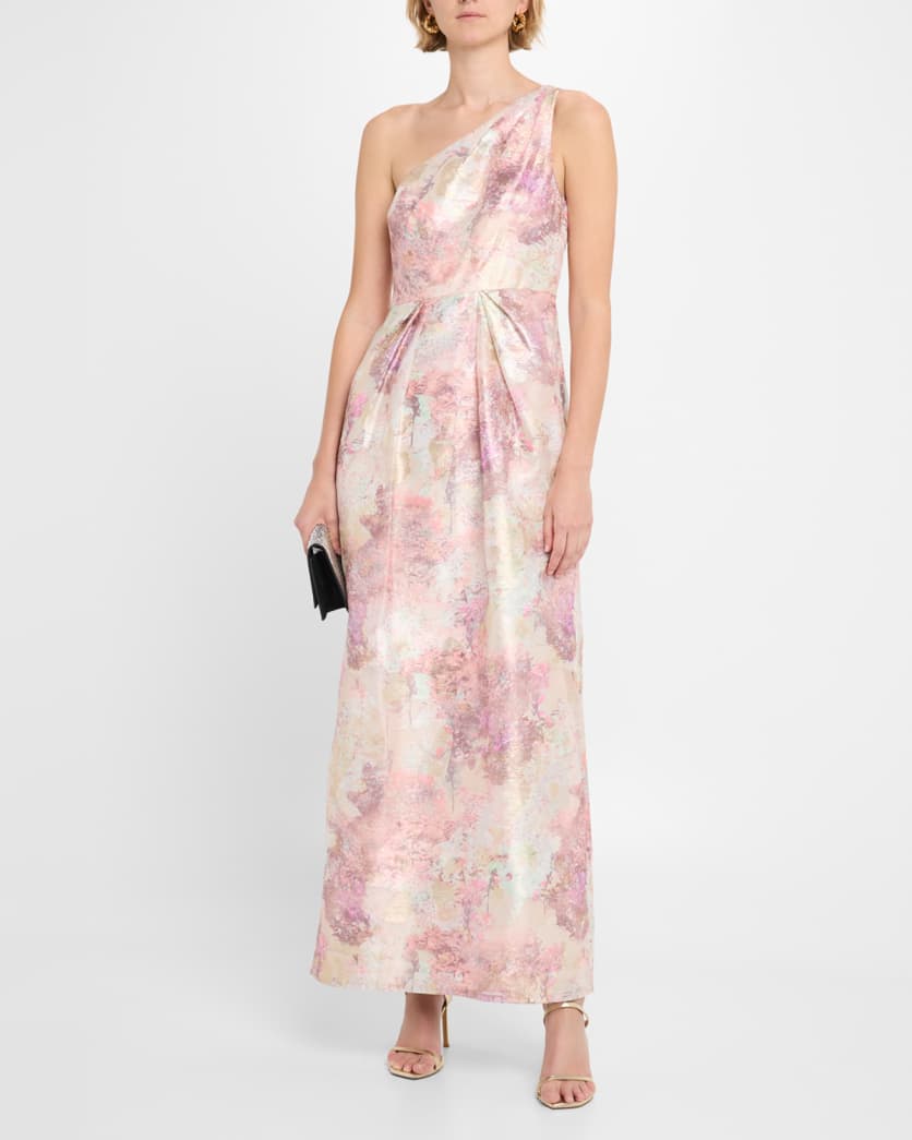 Pleated One-Shoulder Metallic Jacquard Gown