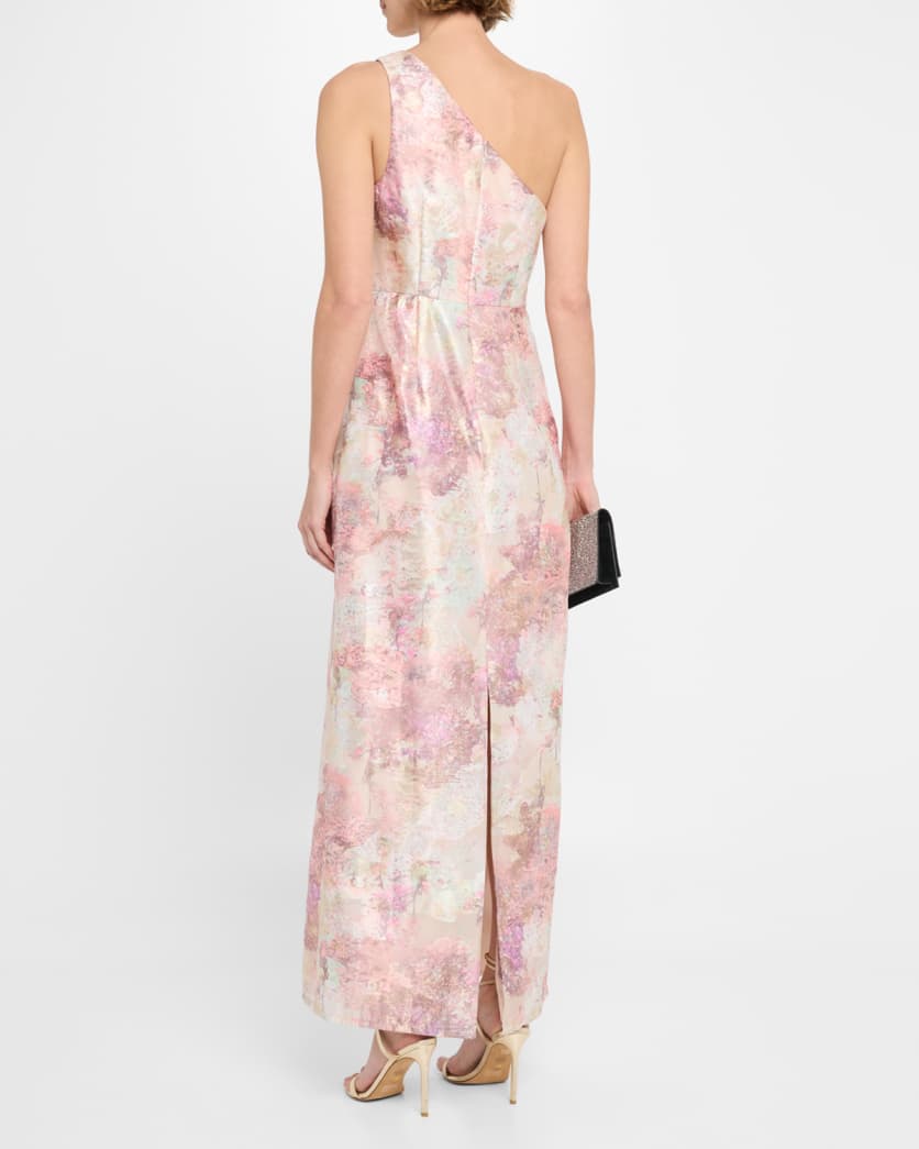 Pleated One-Shoulder Metallic Jacquard Gown