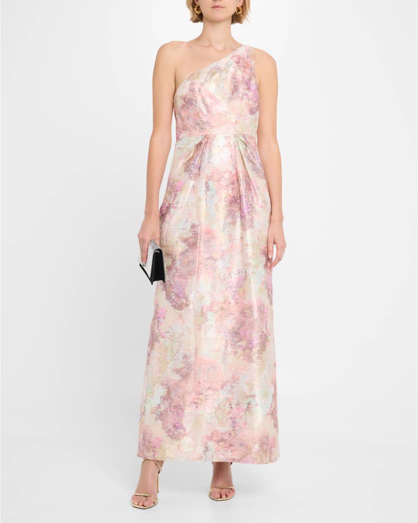 Pleated One-Shoulder Metallic Jacquard Gown