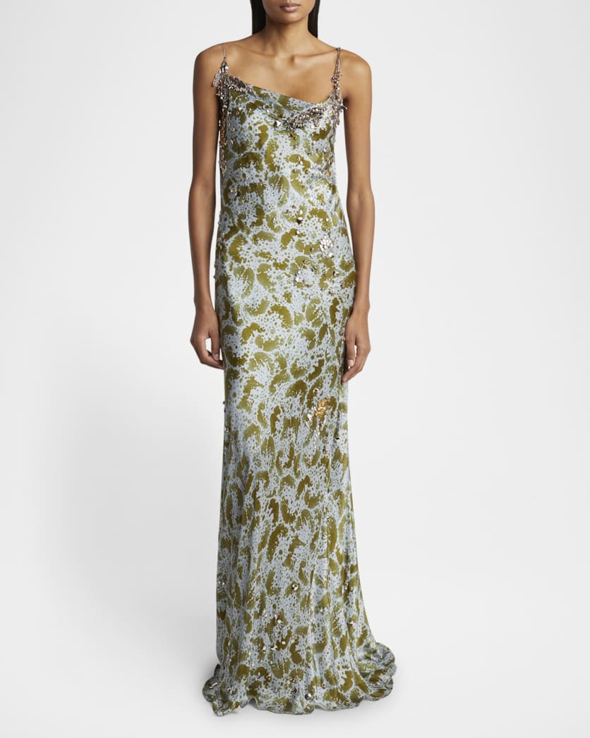 Deryl Cowl-Neck Long Studded Silk Dress