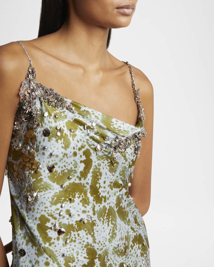 Deryl Cowl-Neck Long Studded Silk Dress
