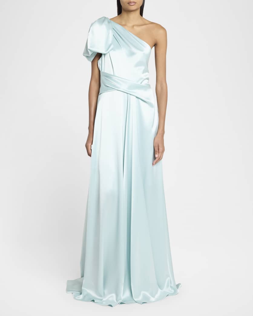 Bow One-Shoulder Crepe Satin Gown