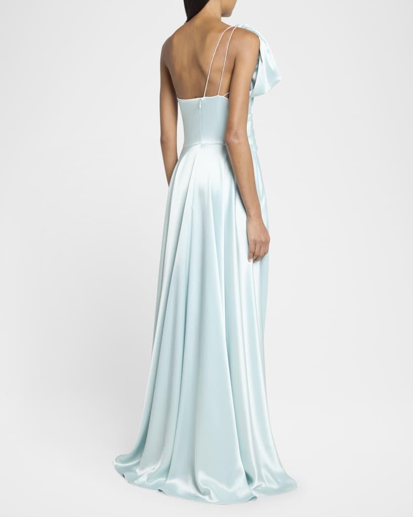Bow One-Shoulder Crepe Satin Gown