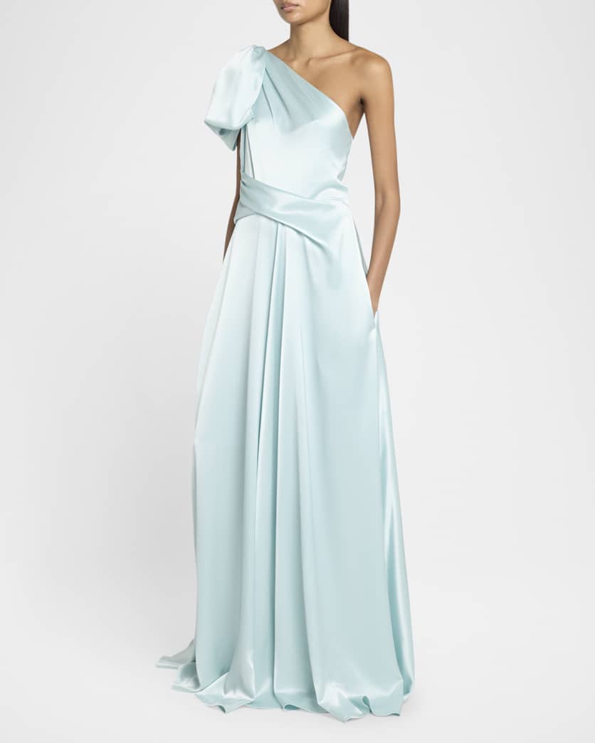 Bow One-Shoulder Crepe Satin Gown