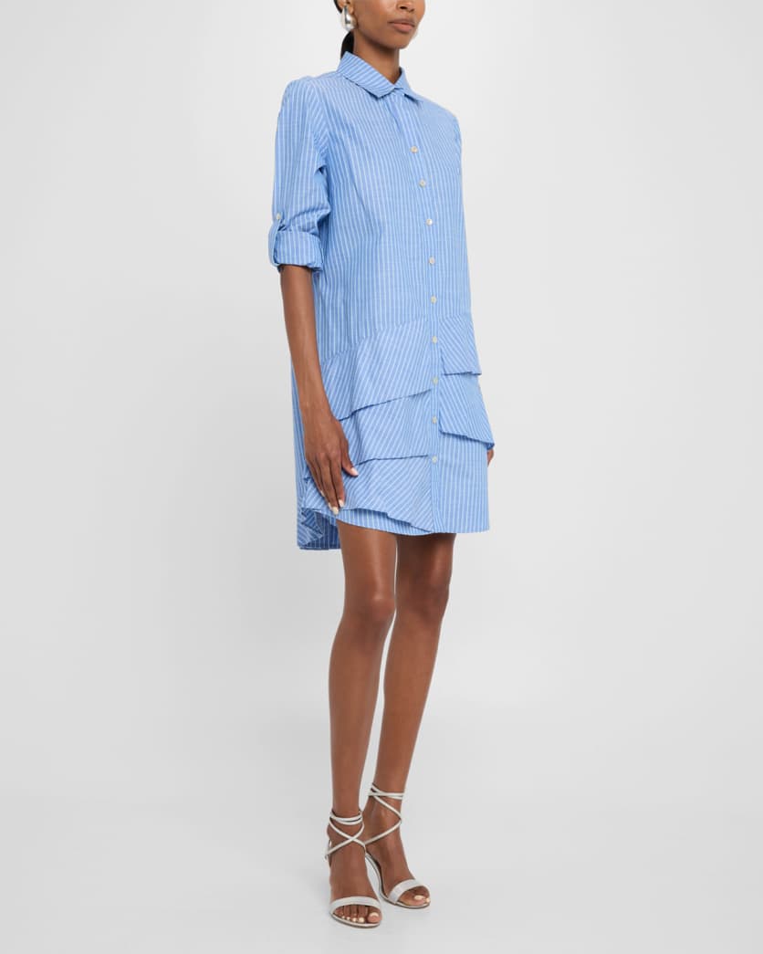 Jenna Striped Cotton Chambray Ruffle Shirtdress