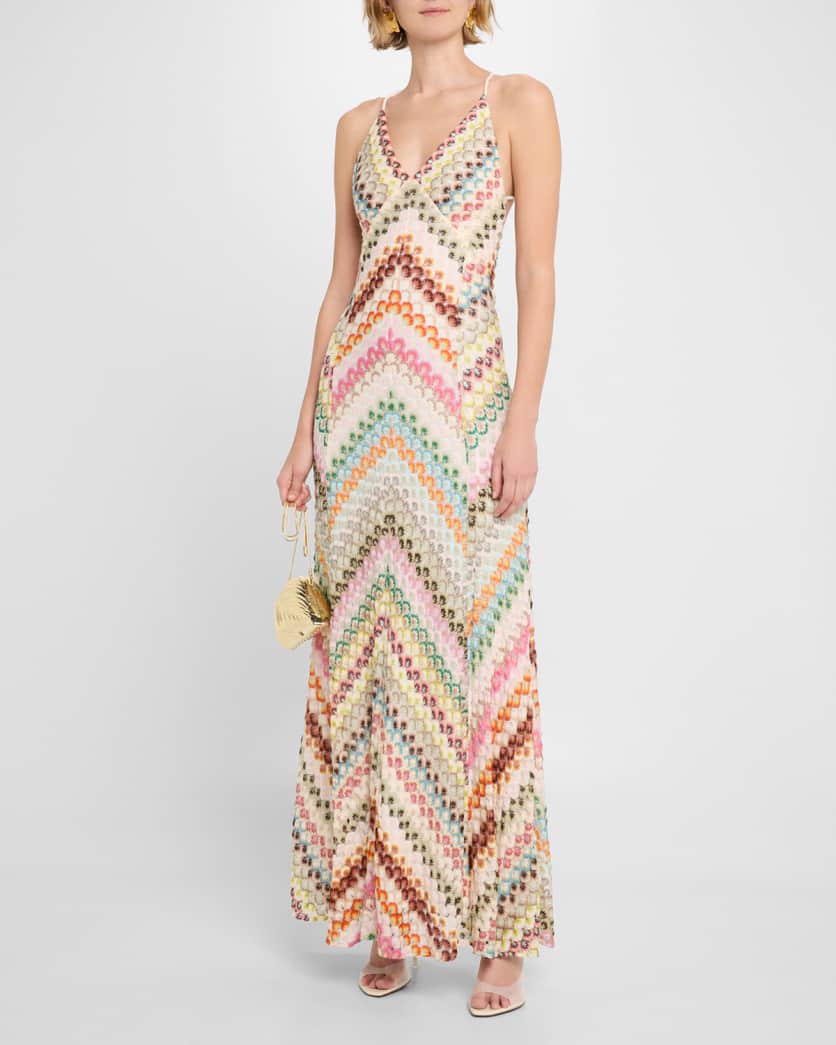 V-Neck Chevron Crochet Knit Maxi Dress