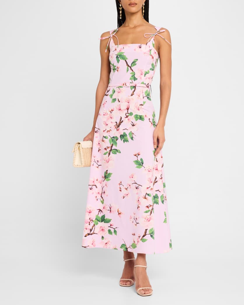 Cherry Blossom Poplin Bow Midi Dress With Belt