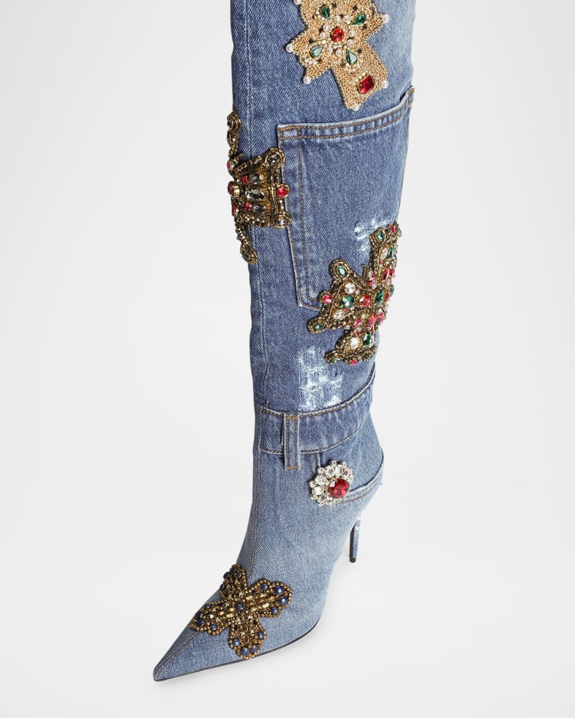 105mm Embellished Patchwork Denim Knee-High Boots