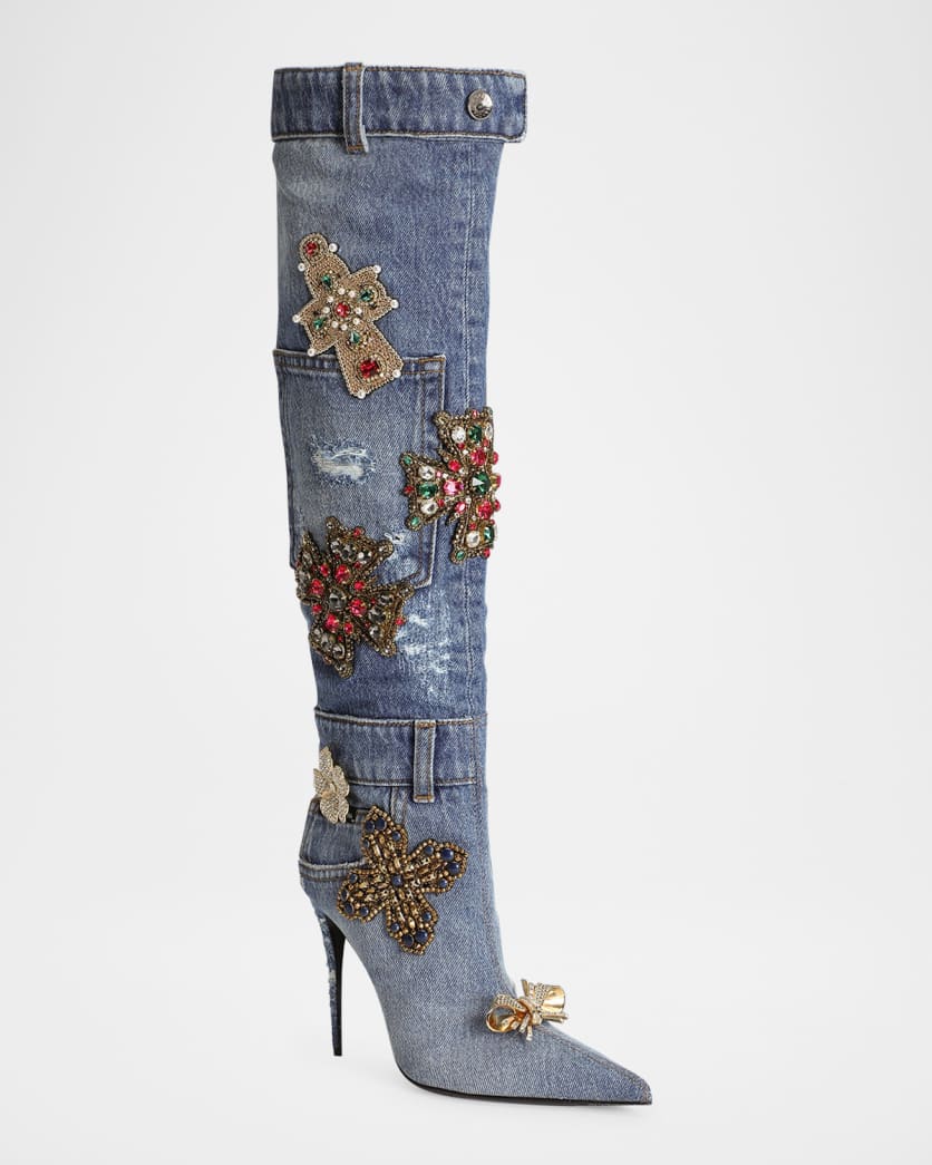 105mm Embellished Patchwork Denim Knee-High Boots