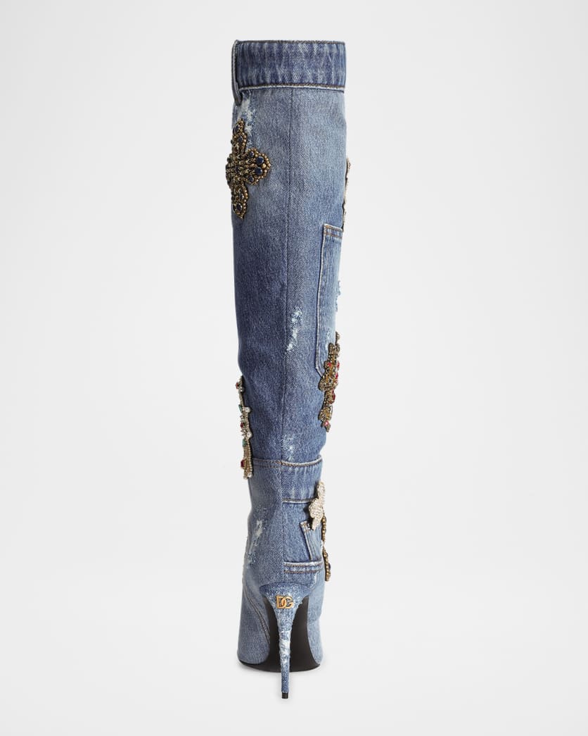 105mm Embellished Patchwork Denim Knee-High Boots
