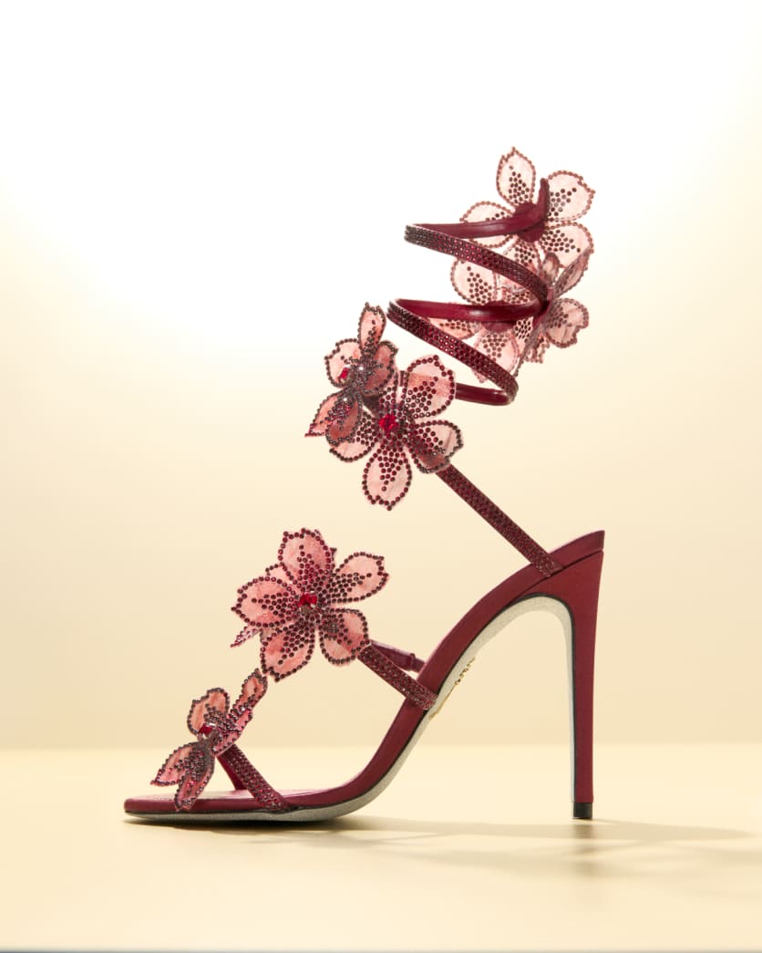 Floraine Crystal Flower Satin Snake Wrap Sandals