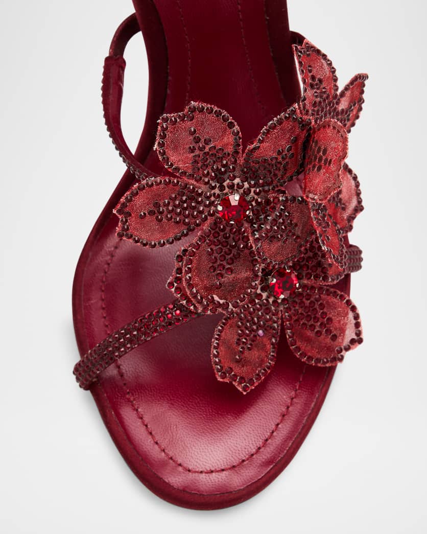 Floraine Crystal Flower Satin Snake Wrap Sandals