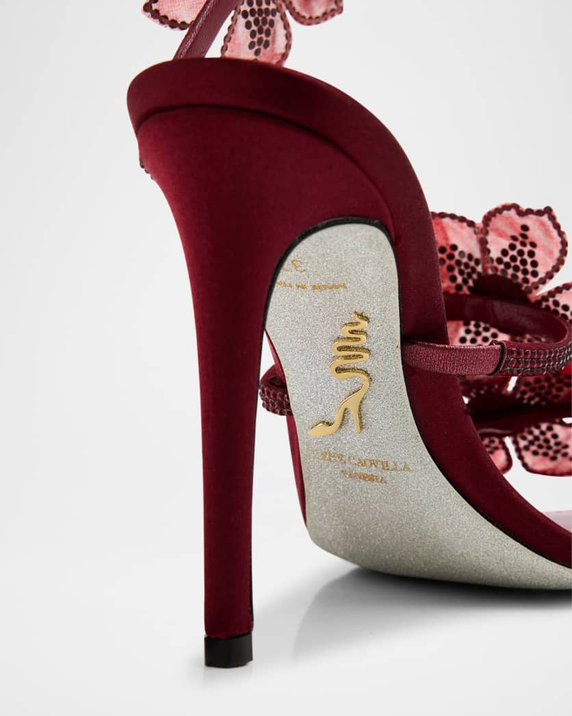 Floraine Crystal Flower Satin Snake Wrap Sandals