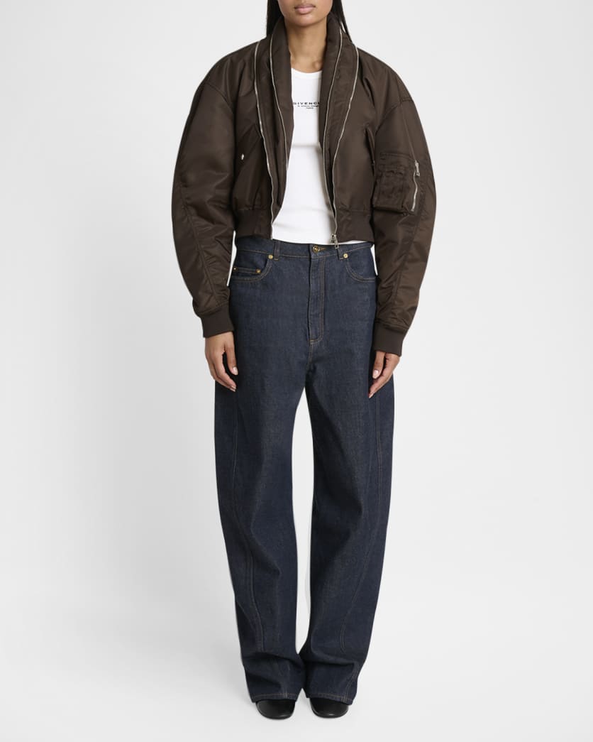 Zipped Double Shawl-Collar Crop Bomber