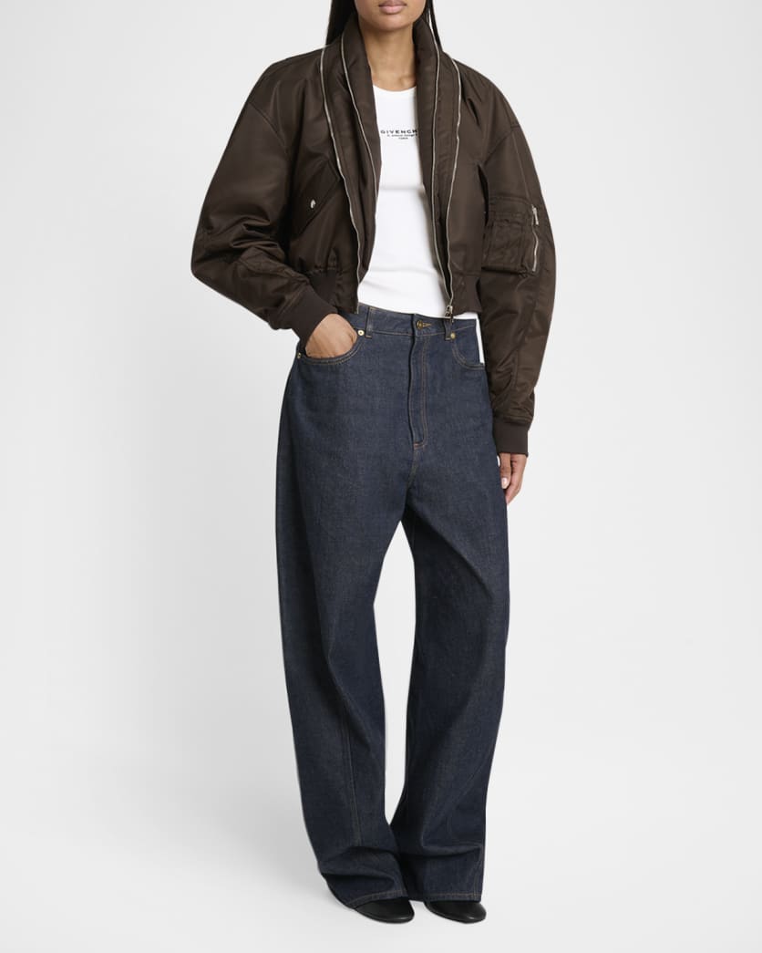 Zipped Double Shawl-Collar Crop Bomber