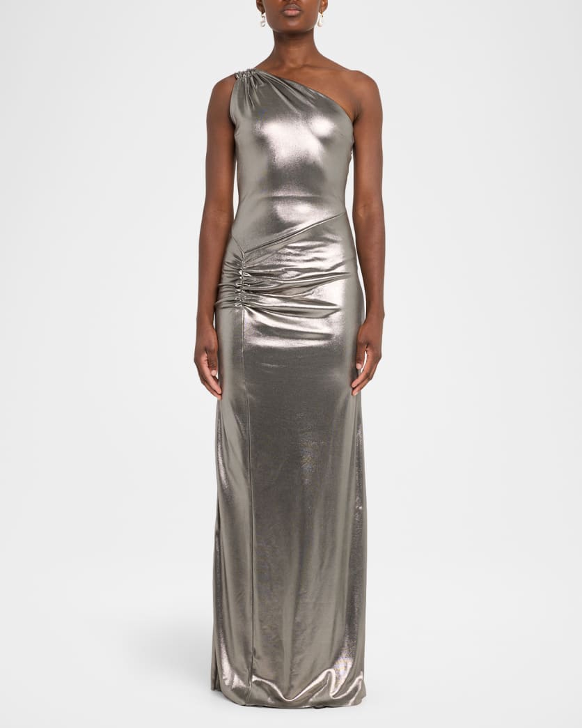 Ruched One-Shoulder Metallic Jersey Gown