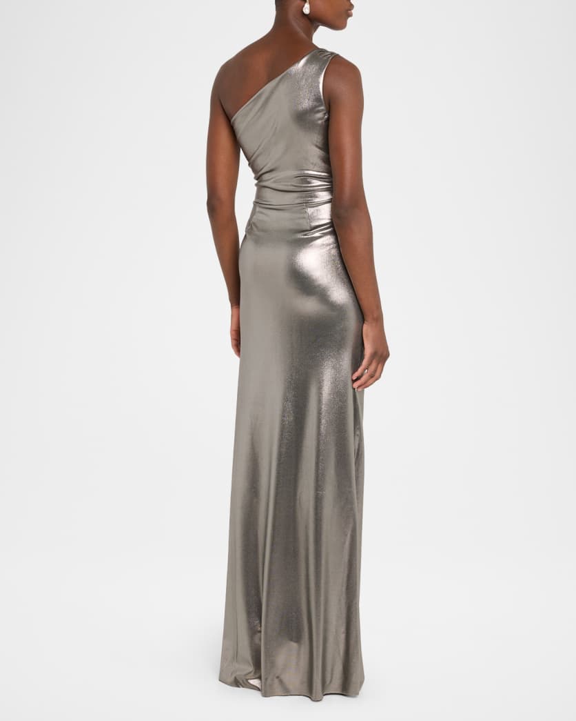 Ruched One-Shoulder Metallic Jersey Gown