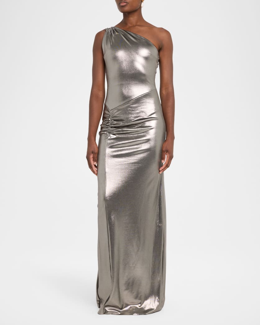 Ruched One-Shoulder Metallic Jersey Gown