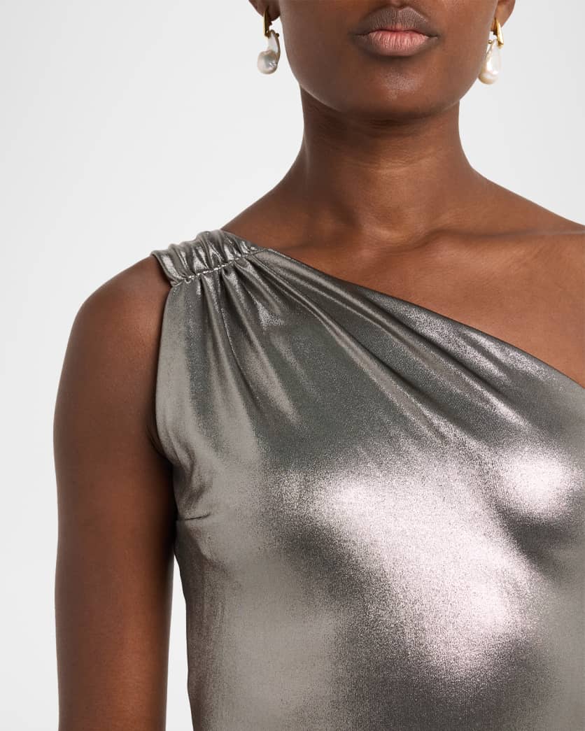 Ruched One-Shoulder Metallic Jersey Gown