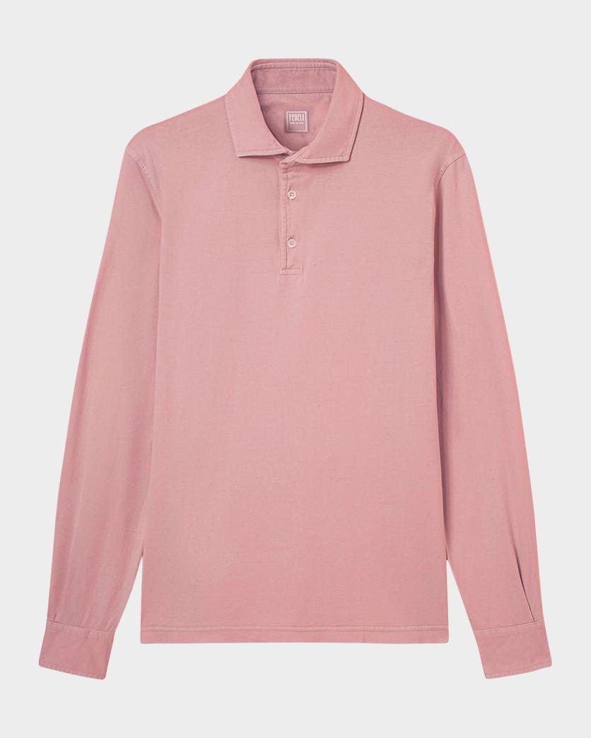 Neiman Marcus Men's Giza Cotton Long-Sleeve Pique Polo Shirt