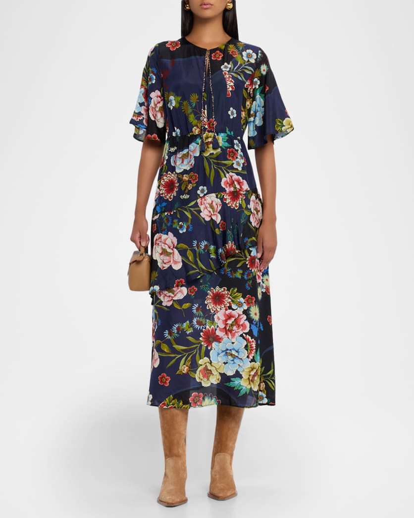 Florean Ruffle Floral-Print Silk Midi Dress