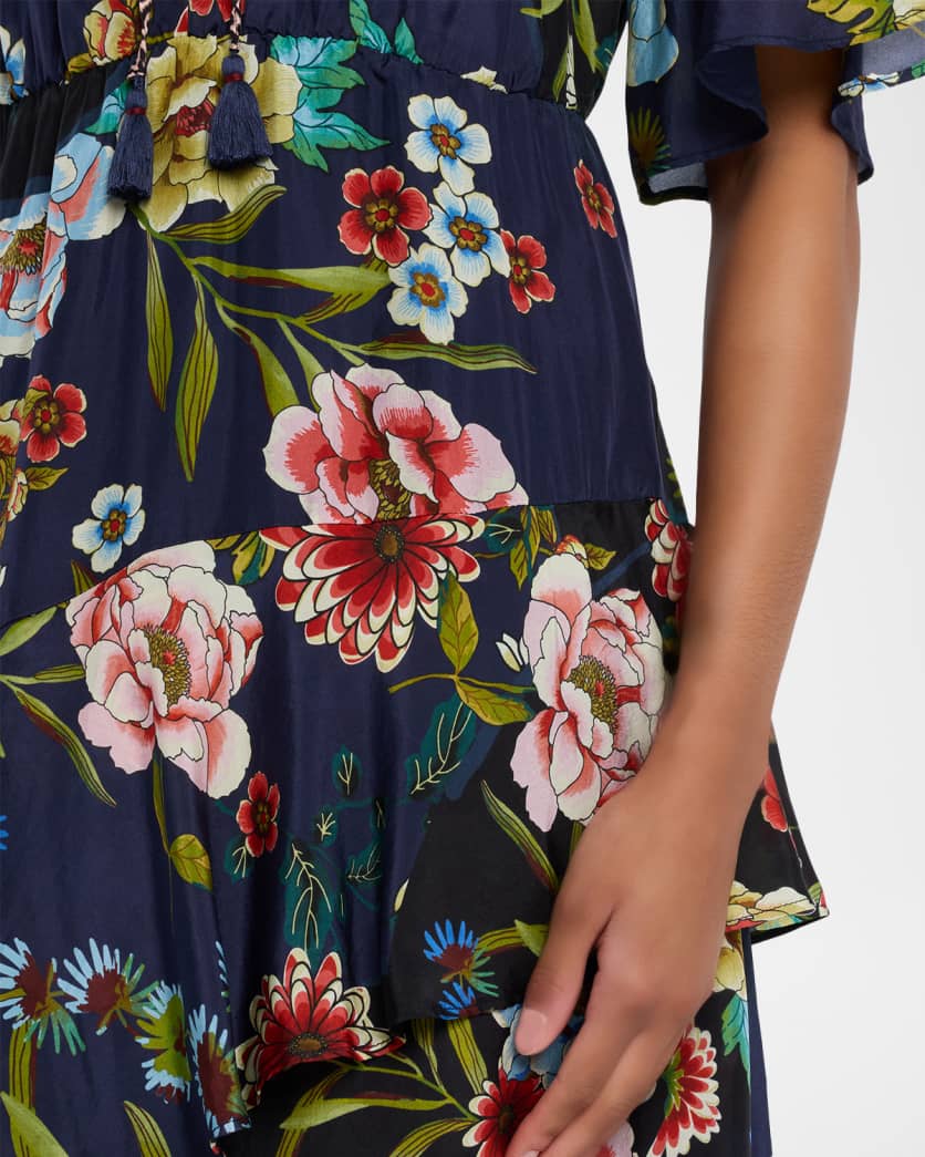 Florean Ruffle Floral-Print Silk Midi Dress