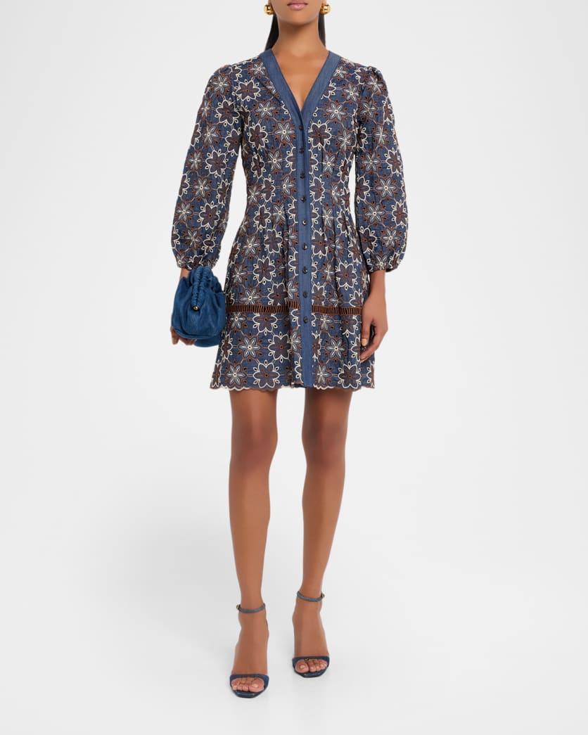 Lina Eyelet-Embroidered Chambray Mini Dress