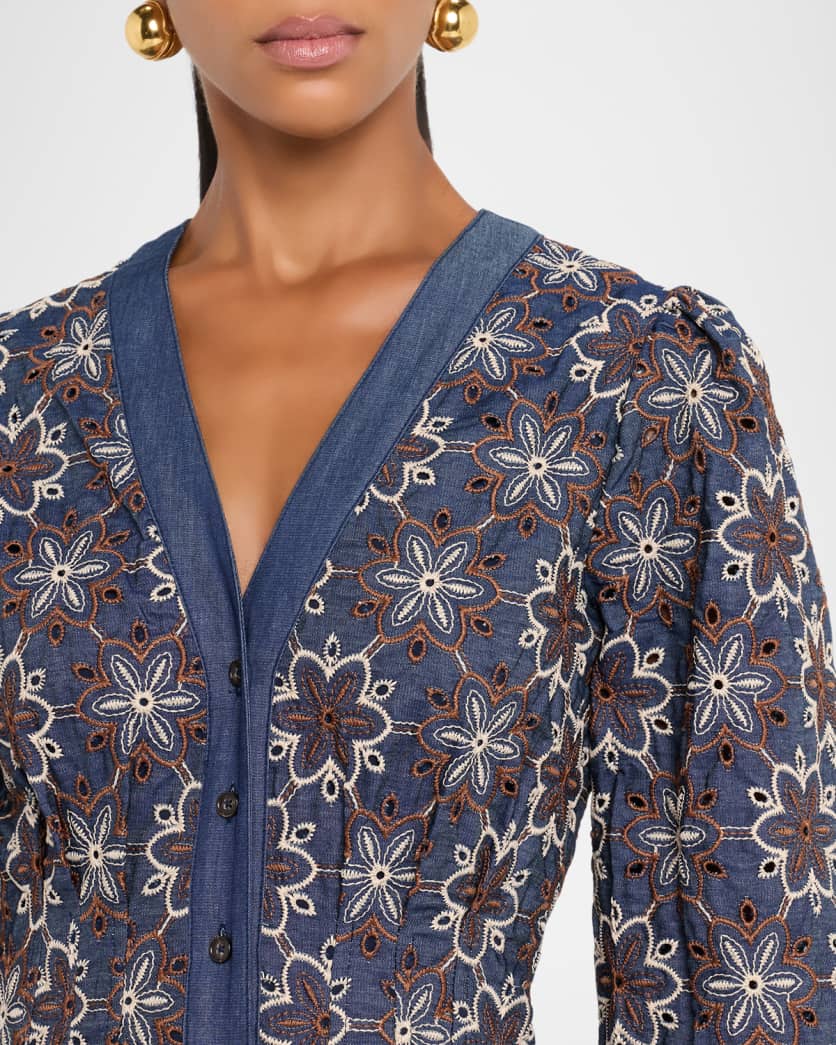 Lina Eyelet-Embroidered Chambray Mini Dress