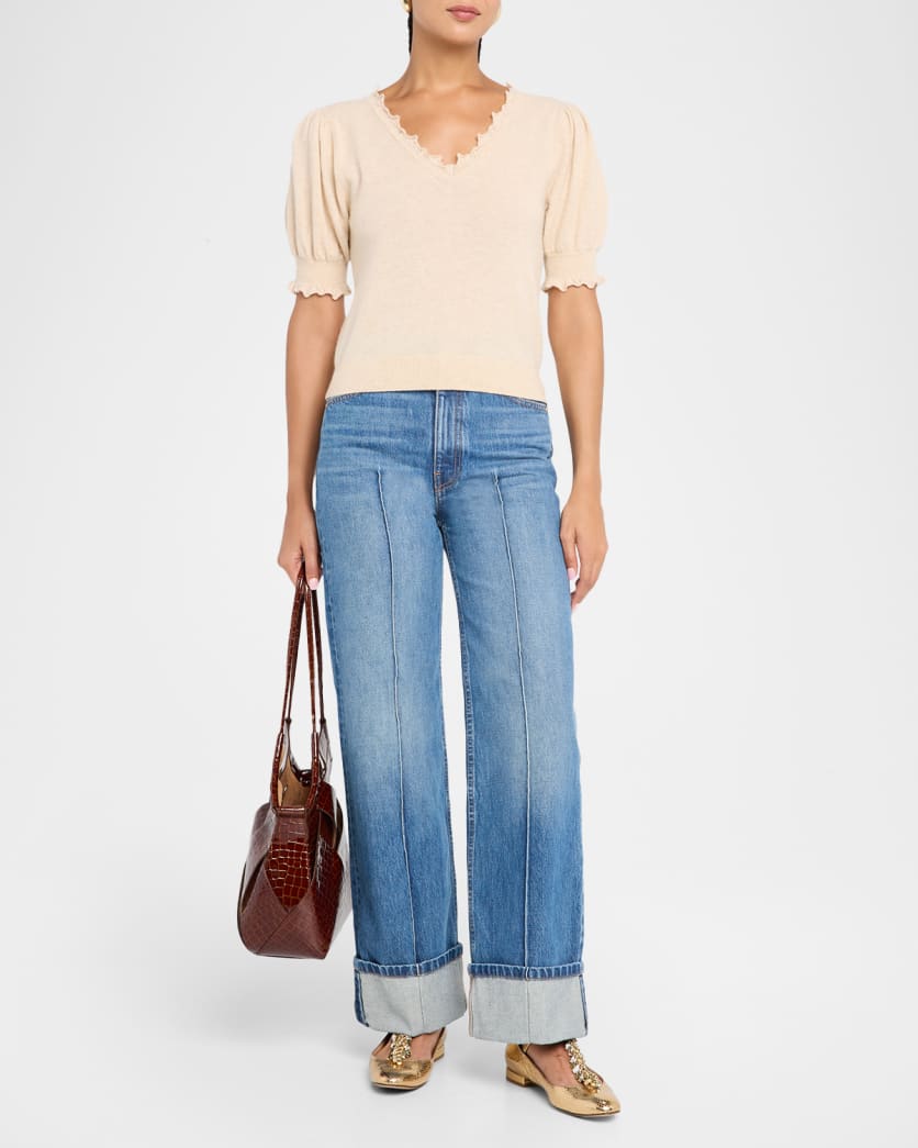 Polline Cashmere Frilled Puff-Sleeve Sweater