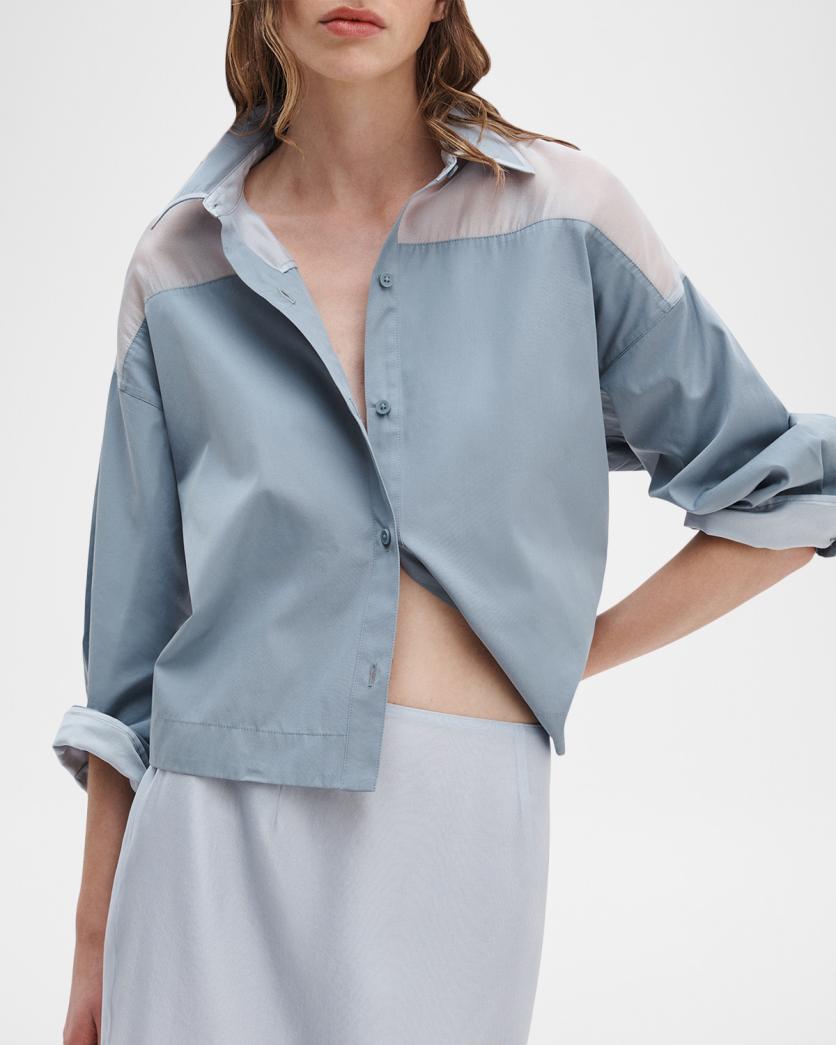 rag & bone Elly Short-Sleeve Chiffon-Yoke Poplin Shirt | Neiman Marcus