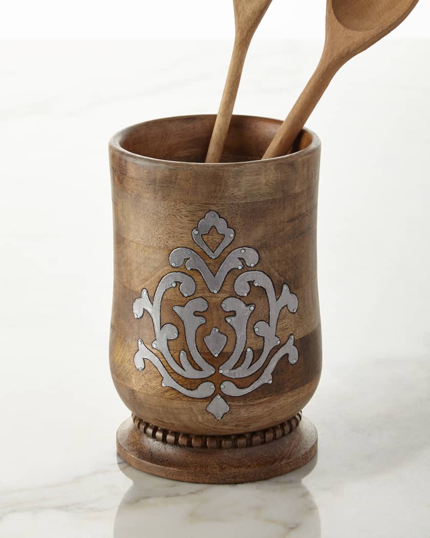 Mango Wood with Laser and Metal Inlay Leaf Design Utensil Holder