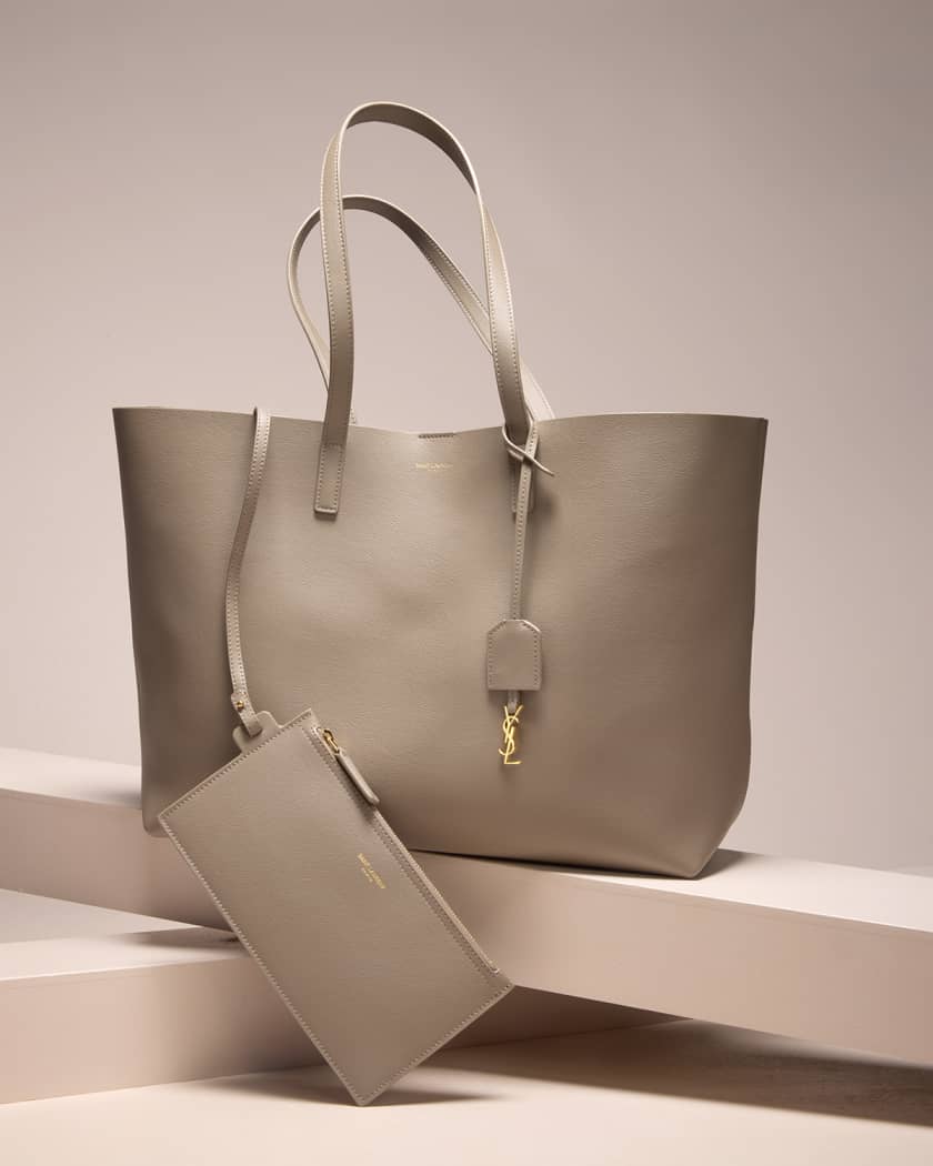 Shopping E W Leather Tote in Grey - Saint Laurent