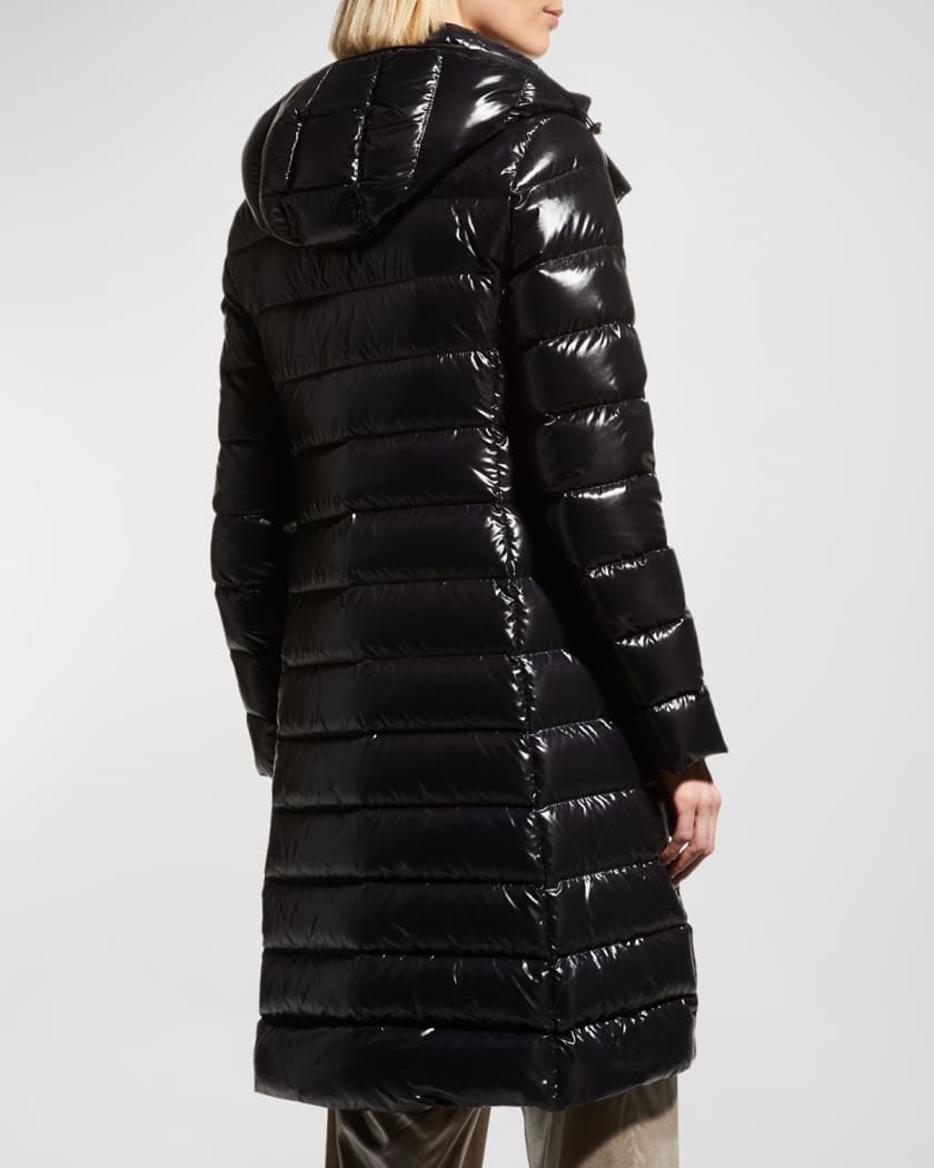 Moncler moka shiny fitted puffer coat with hood store