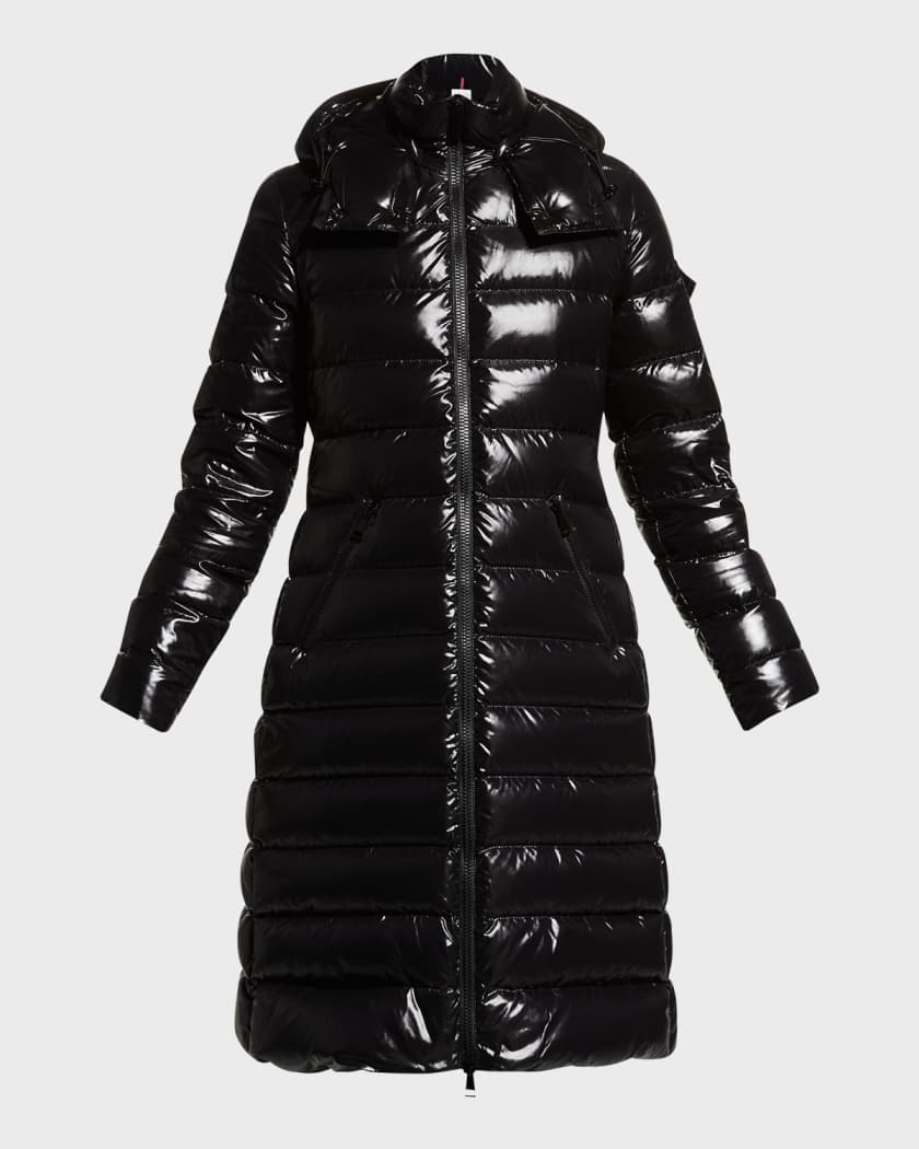 Moncler Moka Shiny Fitted Puffer Coat with Hood Neiman Marcus