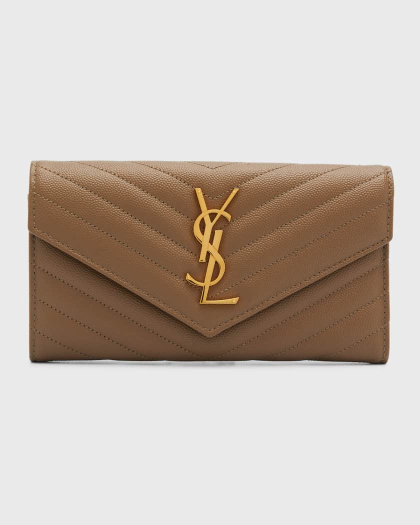 Saint Laurent Long Wallet YSL Monogram Large Flap Beige Leather w/ BOX and  Pouch