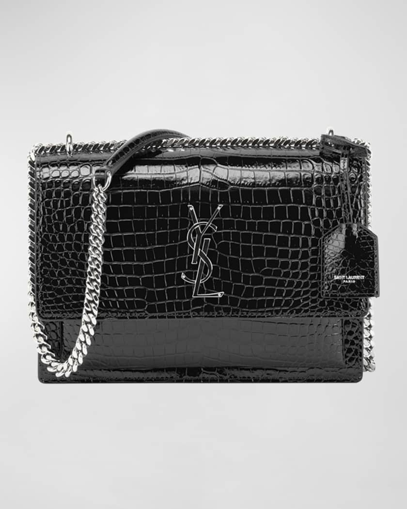 Saint Laurent YSL Croc Embossed Leather Shoulder Bag