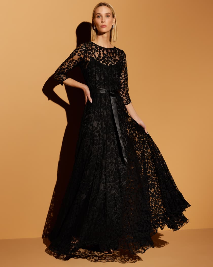 Rickie Freeman for Teri Jon 3/4-Sleeve Lace Overlay Gown