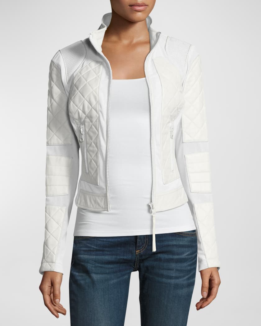 Blanc Noir Quilted Leather & Mesh Moto Jacket | Neiman Marcus
