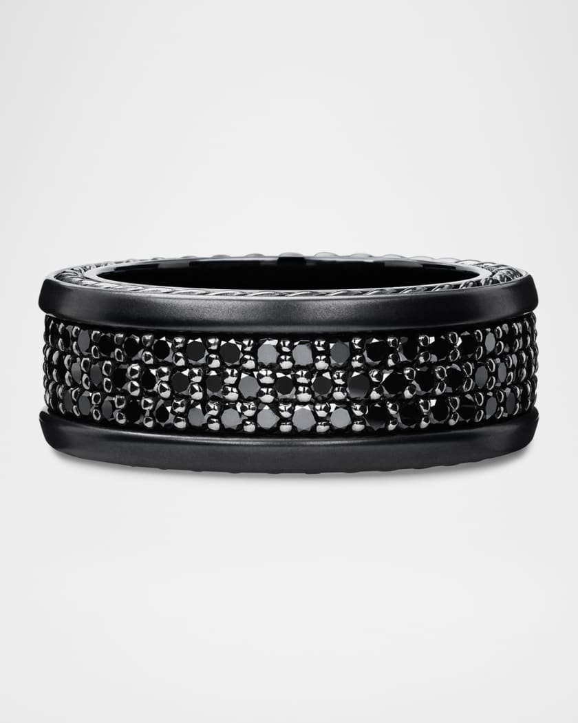 Men s Streamline Three Row Band Ring with Black Diamonds in Black Titanium and Silver 9mm