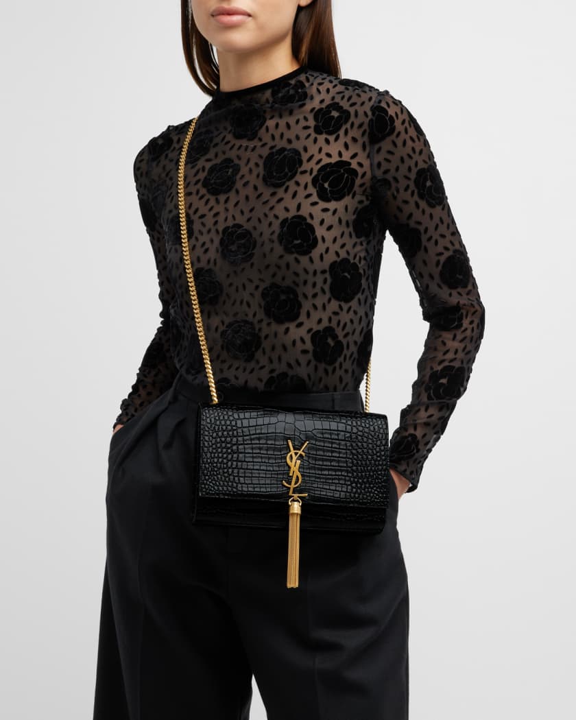 YSL Saint Laurent Small Kate Crocodile-Embossed Black Leather Shoulder Bag  With Gold Tassel - A World Of Goods For You, LLC