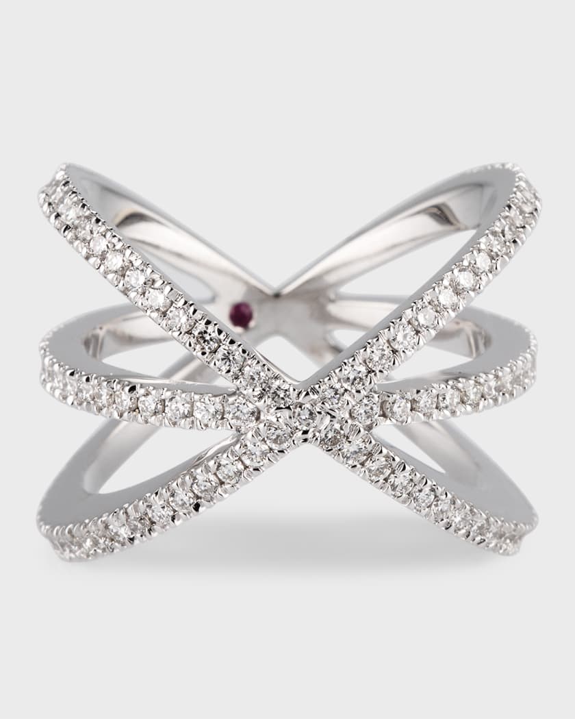 18K White Gold Diamond Double-Crisscross Ring, Size 5-8